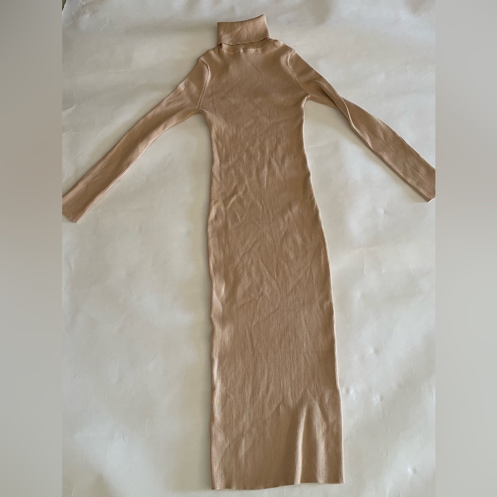Elegant Sophisticated Tan Turtleneck Dress
